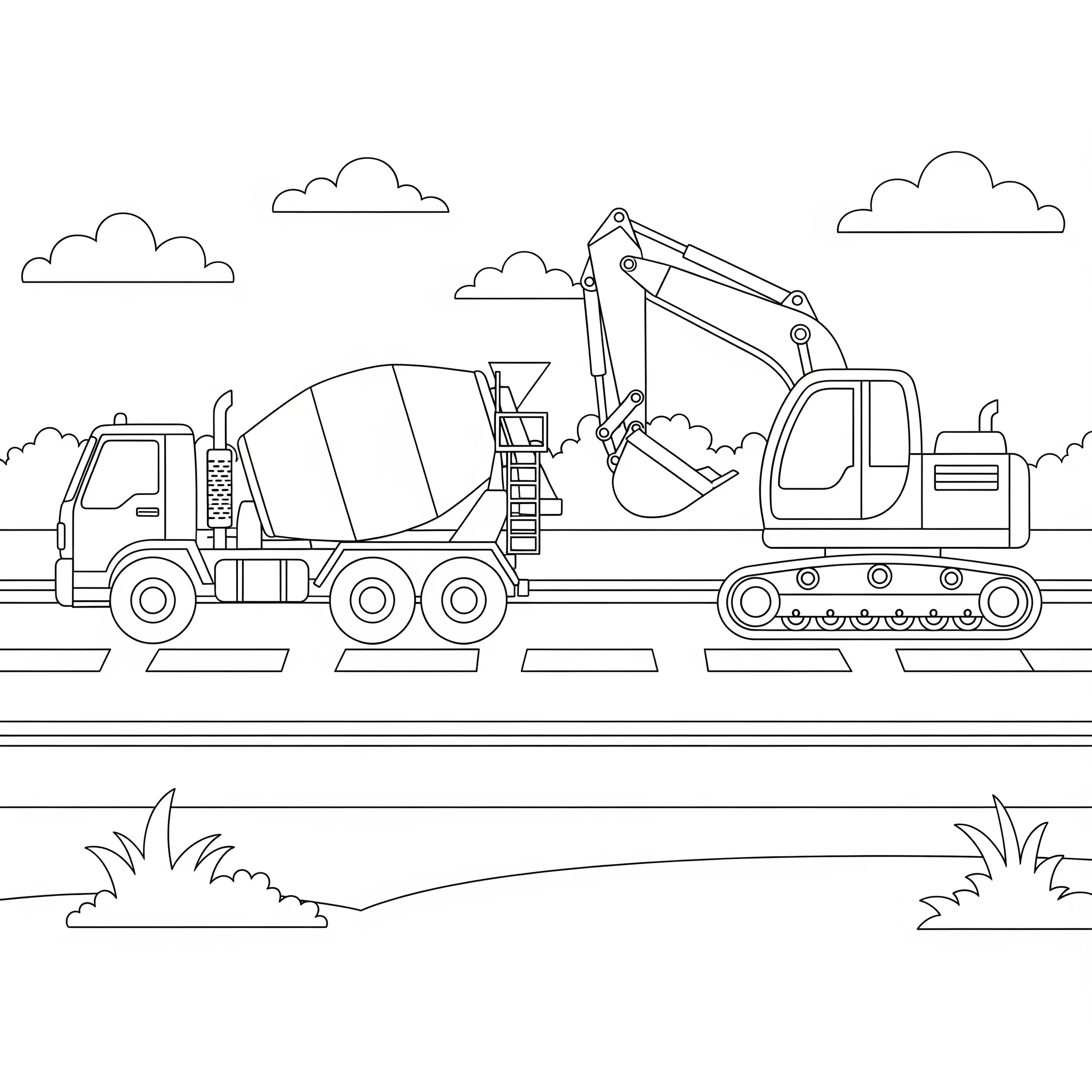 Gambar Gambar Mewarnai Mobil Bego Excavator Dan Mobil Molen siap untuk diwarnai